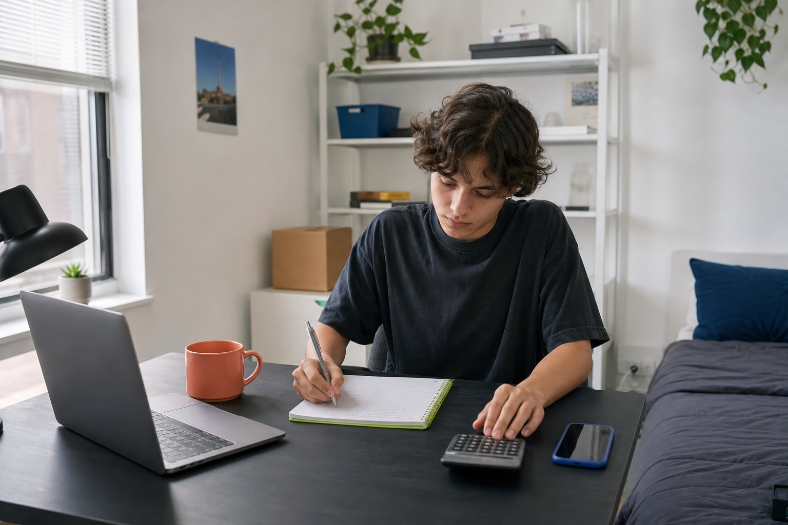 A young adult calculating subscription value at a small apartment desk